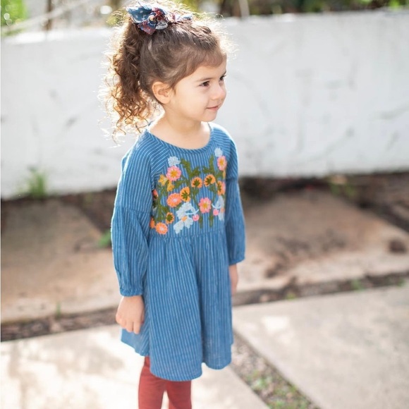 Mimi & Maggie Girls S 7/8 Floral Embroidered Dress Indigo Patchwork Collect - Picture 1 of 8